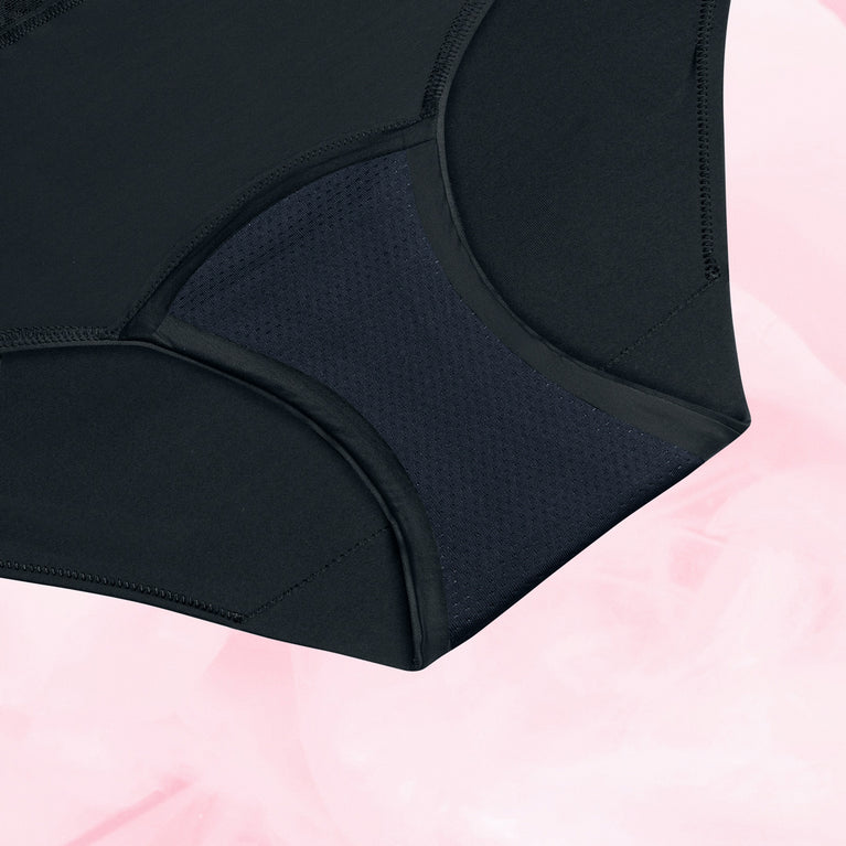 Hipster Full Lace Let Flow Menstruationstrusser med mesh-indlæg, close-up visning.