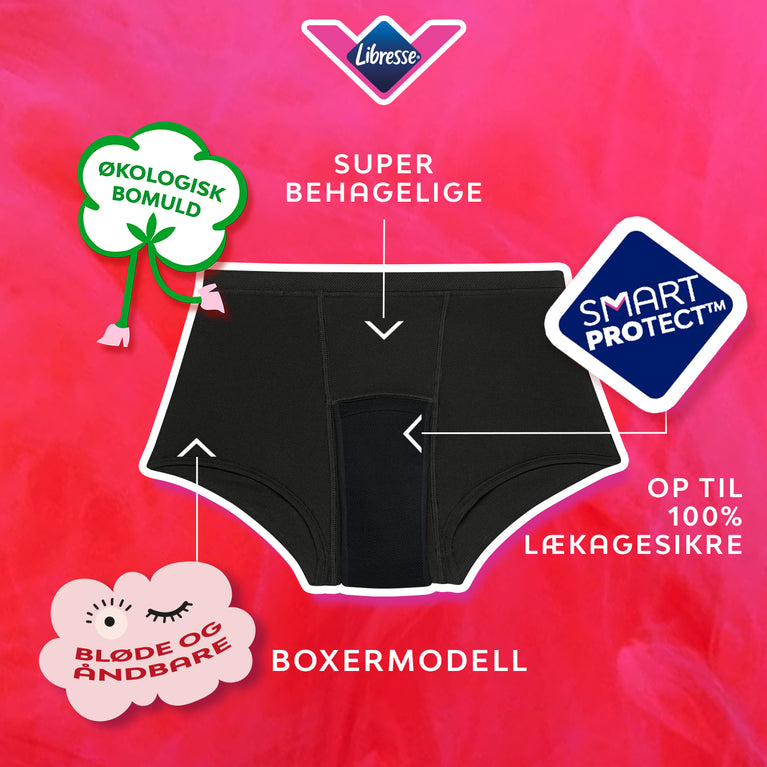 Teens Boxer Moderat Flow 5-pak, lækagesikre, bløde, åndbare trusser.