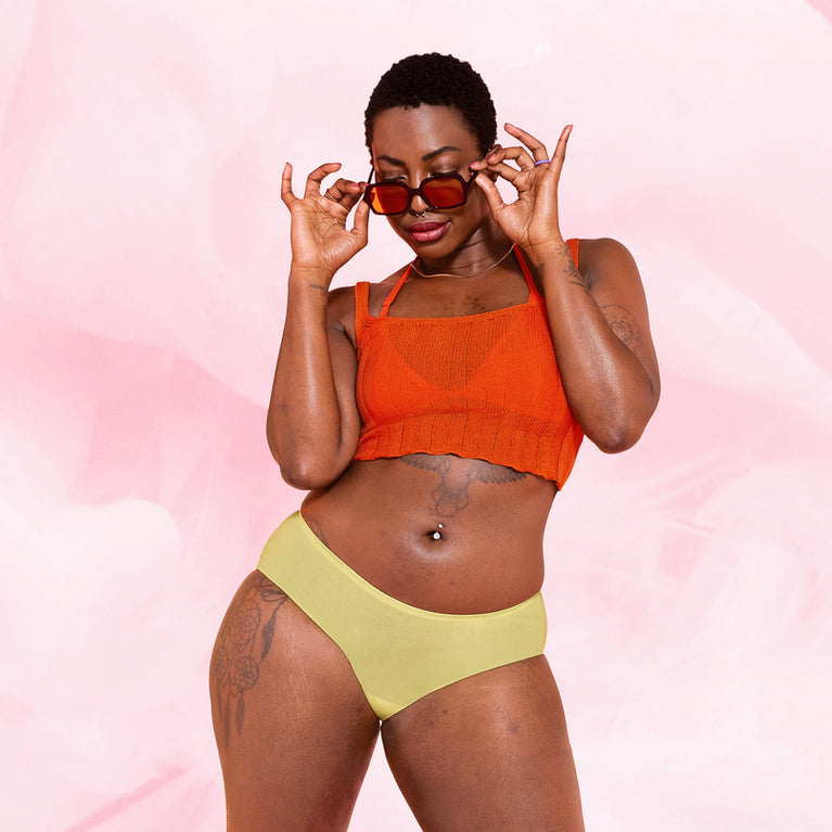 ComfortFit Essentials Hipster Let Flow menstrual panties with high waist design.
