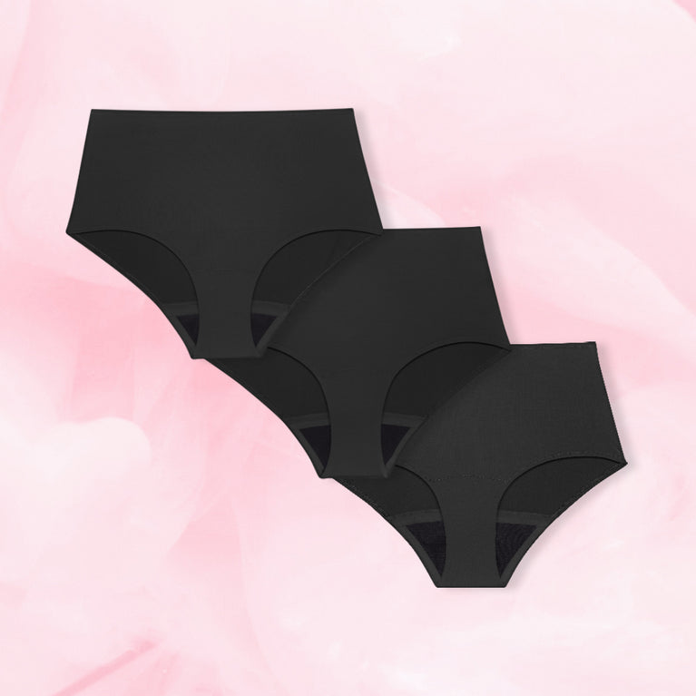 High Waist Discovery Set: three ComfortFit menstrual underwear pairs.