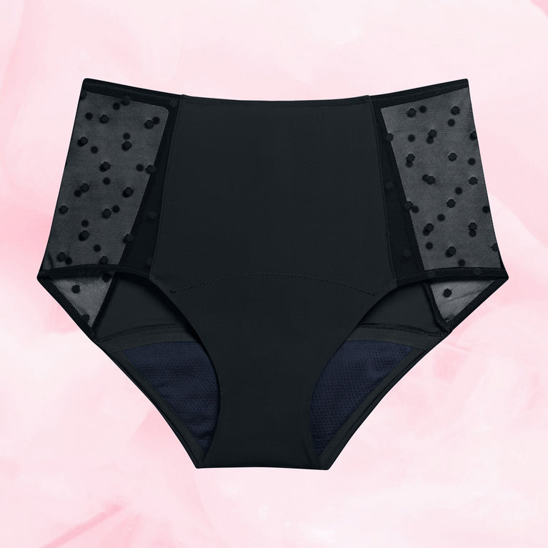 Højtaljet Snit Dots Let Flow Menstruationstrusser with side lace detailing.
