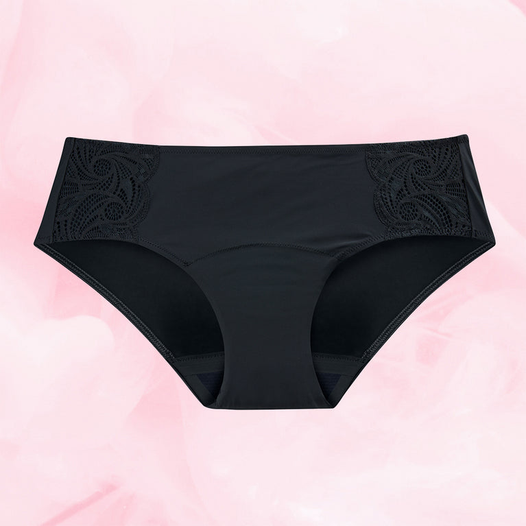 Hipster Side Lace Let Flow Menstruationstrusser with lace details, absorption technology.