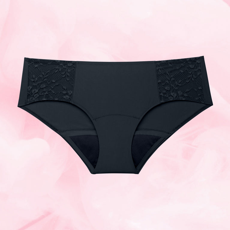 Hipster Multifluid Menstruationstrusser with lace details and absorbent lining.
