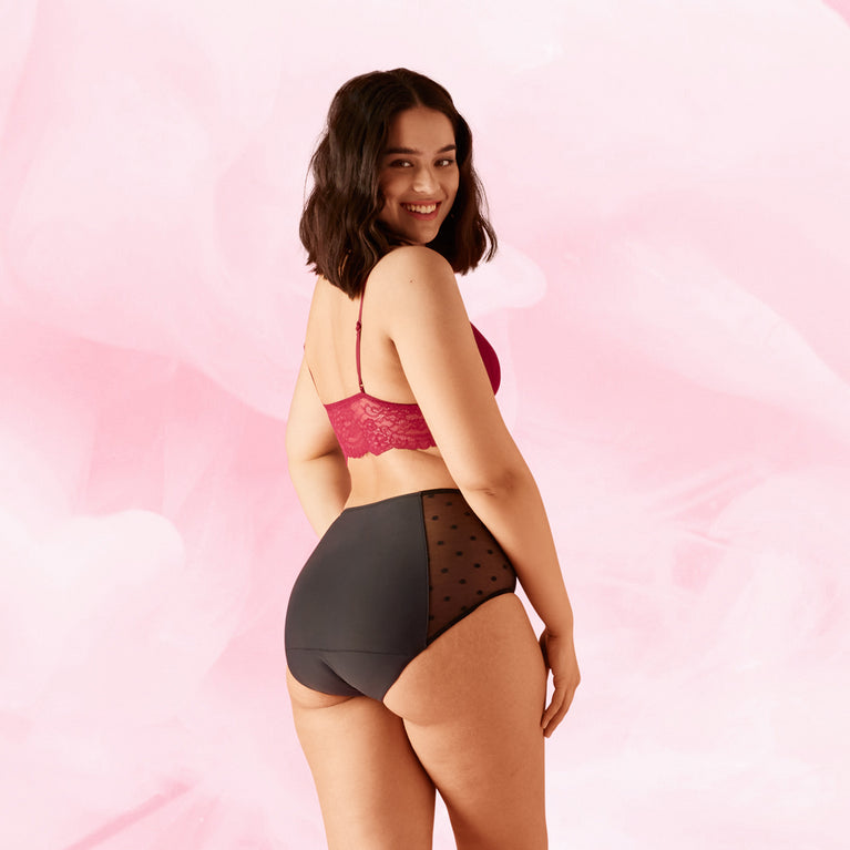 High-waisted Dots Heavy Flow Menstrual Briefs with lace sides.