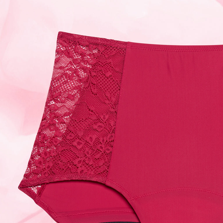 High-waisted Floral Heavy Flow Menstrual Briefs with side lace accents.