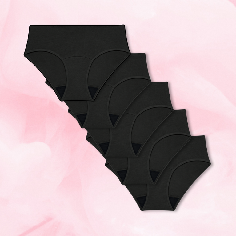 Teens Hipster Moderat Flow 5-pak menstruationstrusser, sort, fanned ud.