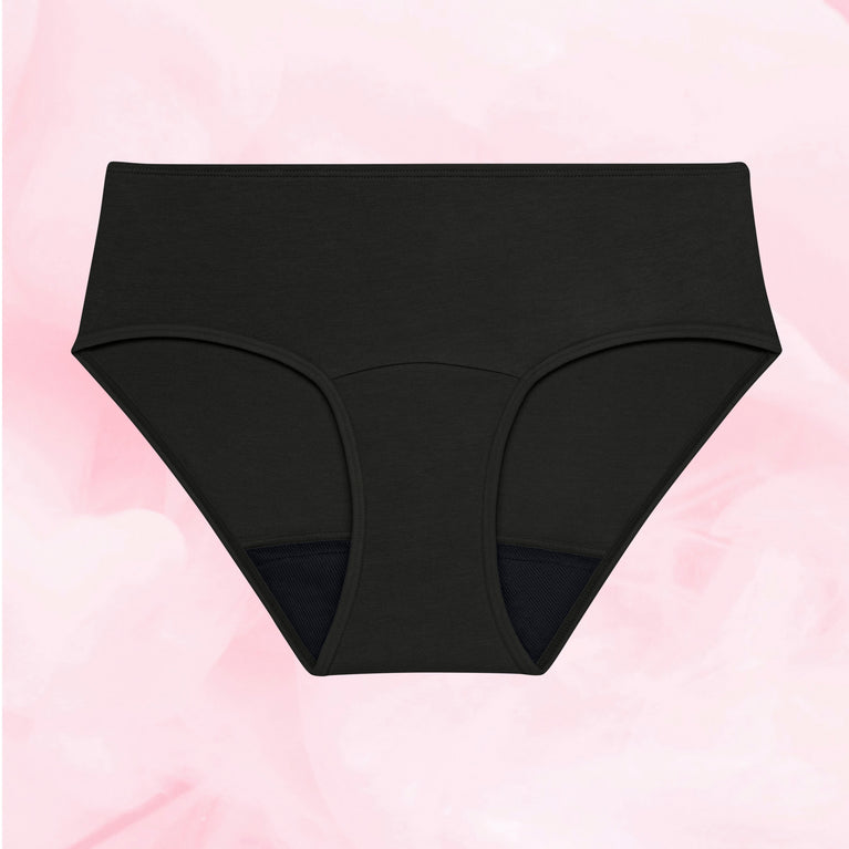 Teens Hipster Kraftigt Flow 5-pak menstruationstrusser, sort, fuld-dækning.