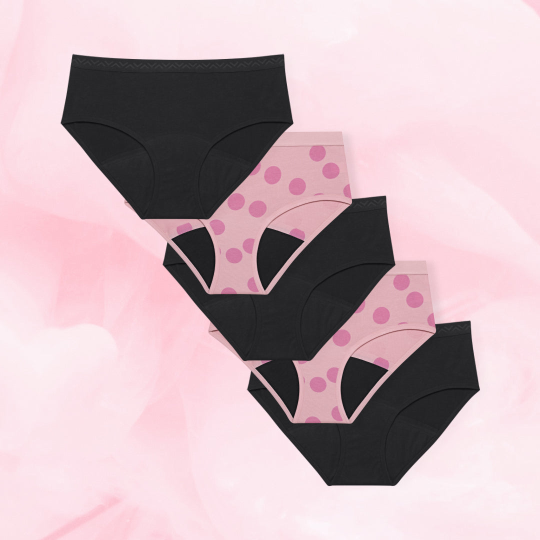 Teens Hipster Moderate Set of five menstrual underwear pairs.
